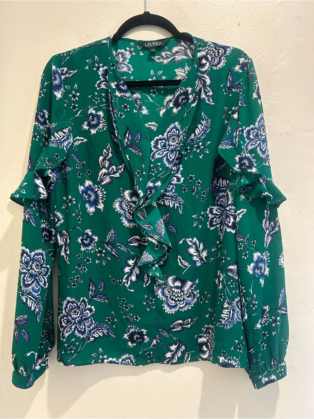 Lauren Ralph Lauren Emerald Green Floral Ruffle V-Neck Blouse